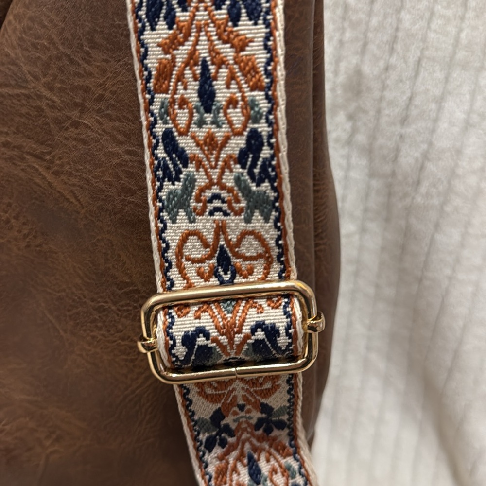 Brown Leather Crossbody Bag with Patterned Strap - Picture 12 of 13